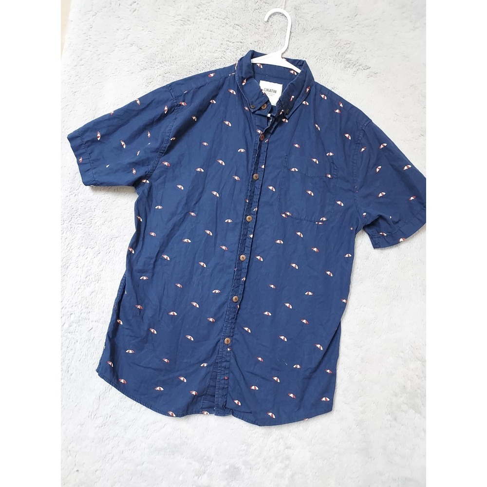 Katin Shirt Mens Medium Umbrella Print Short Sleeve Button Down Navy Blue Surfer